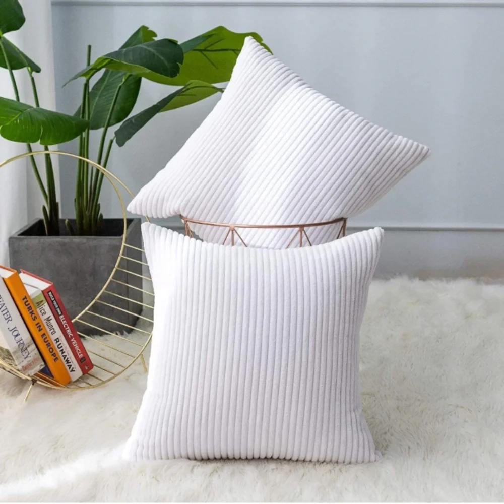 Luxury Home | Elegant Bright White Soft Corduroy Striped Throw Pillow Covers